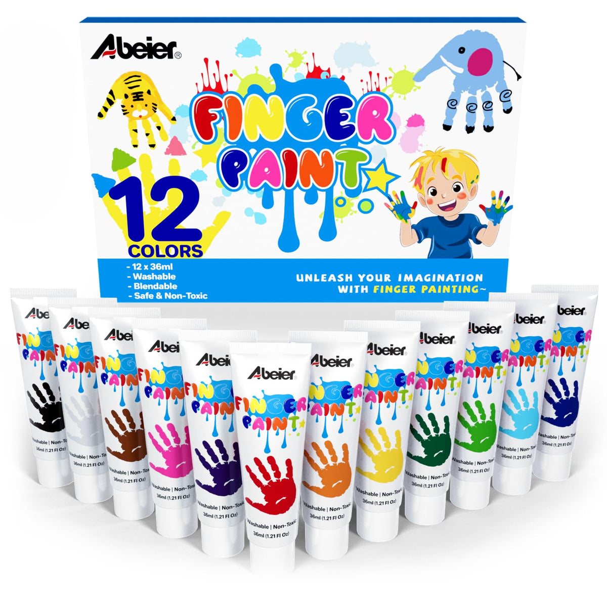 ABEIER Washable Finger Paint for Toddlers 1-3, 12 Non-Toxic Colors | Ages 1-3 4 5 6+, Baby Safe, easy cleanup, creamy texture, color mixing, hand and foot prints, sensory play, preschool crafts