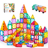OugerToy 104PCS Magnetic Tiles STEM Building Blocks for Kids Ages 3-9 | Educational Stacking Toys with Car Bases, Creative Construction Gift for Boys Girls OugerToy