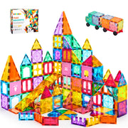 OugerToy 104PCS Magnetic Tiles STEM Building Blocks for Kids Ages 3-9 | Educational Stacking Toys with Car Bases, Creative Construction Gift for Boys Girls OugerToy