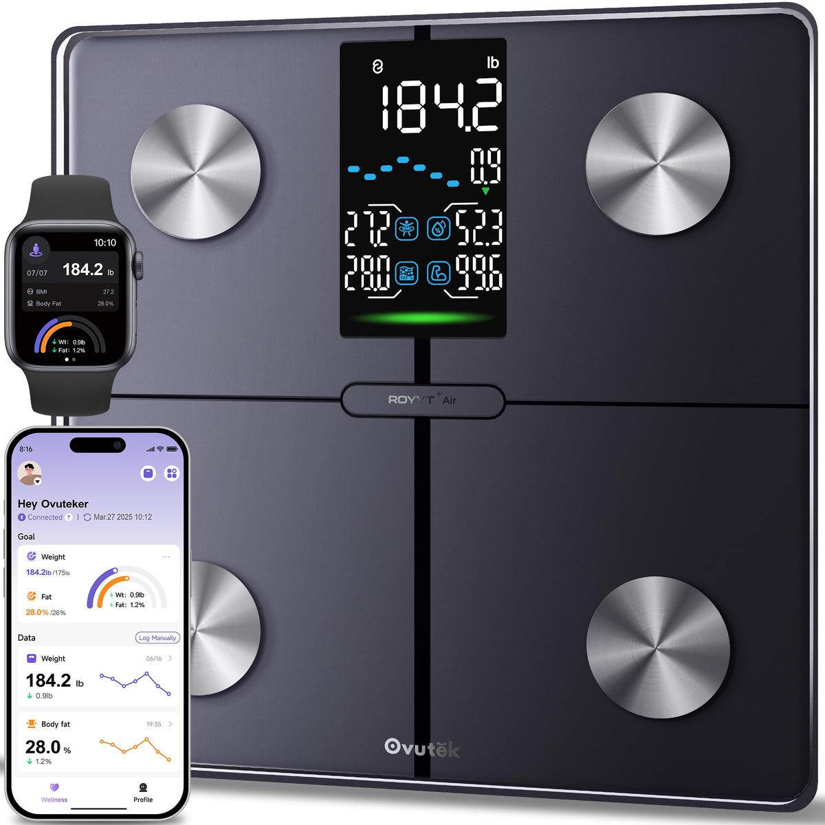 Ovutek Smart Digital Scale for Body Weight, Body Fat and BMI, FSA Eligible | HSA Eligible, Most Accurate to 0.05lb, Bathroom Scale Large Display Body Composition Machine with Muscle Mass Fitness App