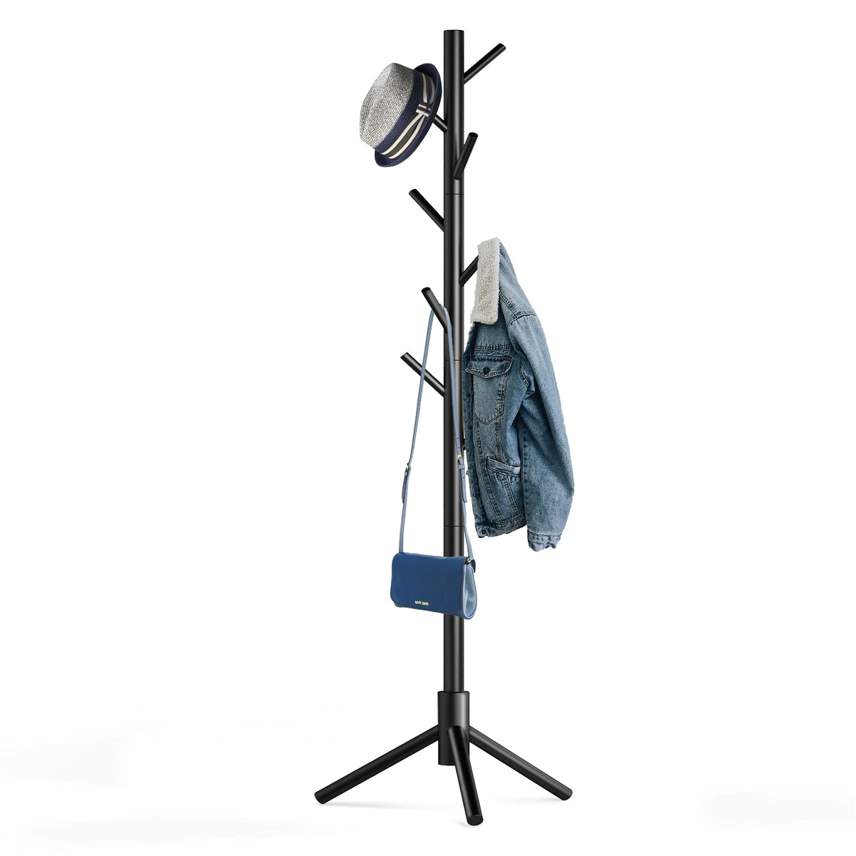 Hupmad Wooden Tree Coat Rack Stand,Sturdy Freestanding Coat Rack with 8 Hooks,3 Adjustable Height for Child Adult,Wood Coat Stand Tree Fits Entryway Bedroom Office for Bags,Hats