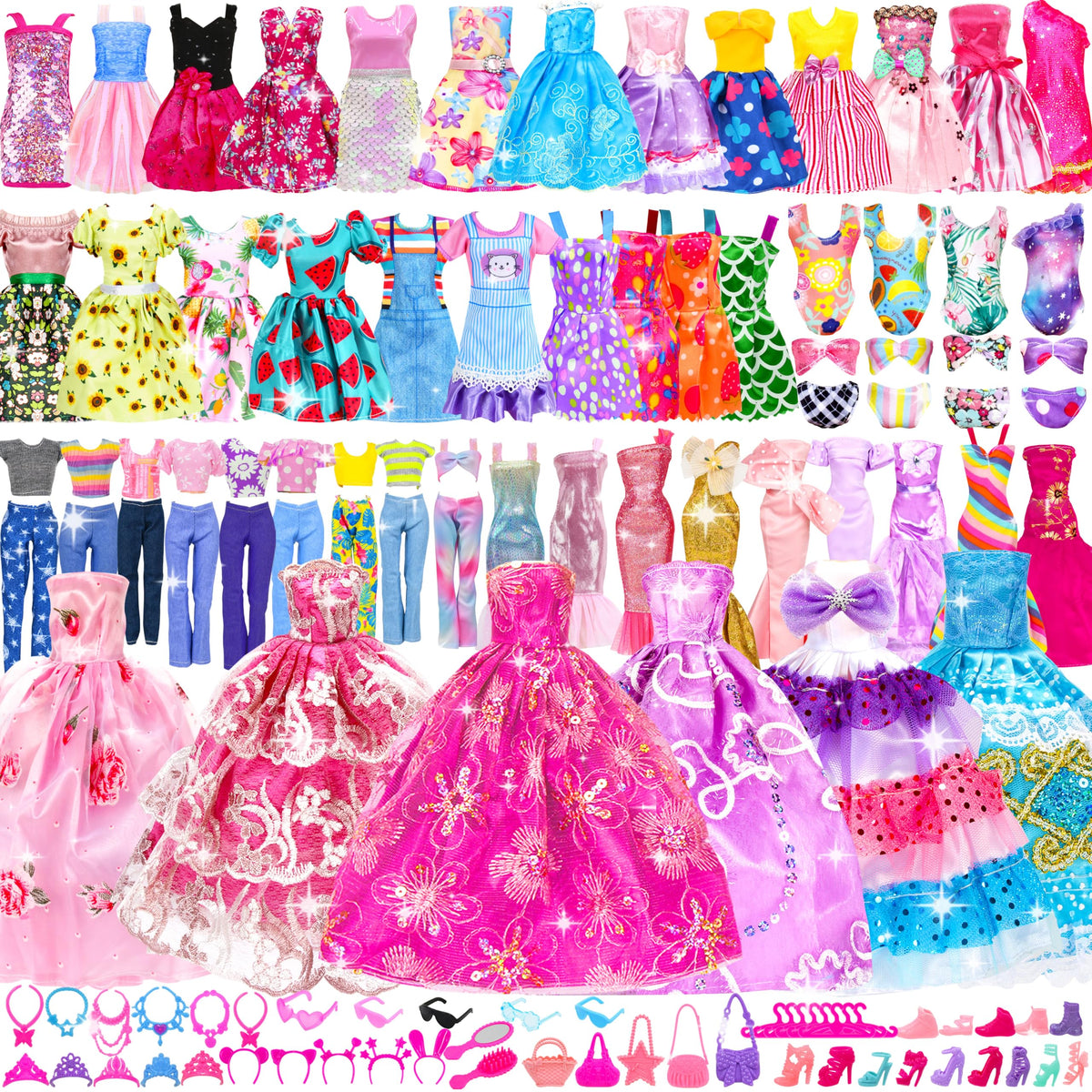 138 Pcs Doll Clothes and Accessories, 5 Wedding Gowns 9 Fashion Dresses 3 Tops 3 Pants 3 Bikini Swimsuits 20 Shoes for 11.5 inch Doll Christmas Stocking Stuffers Girls Gift Age 5-7 8-10