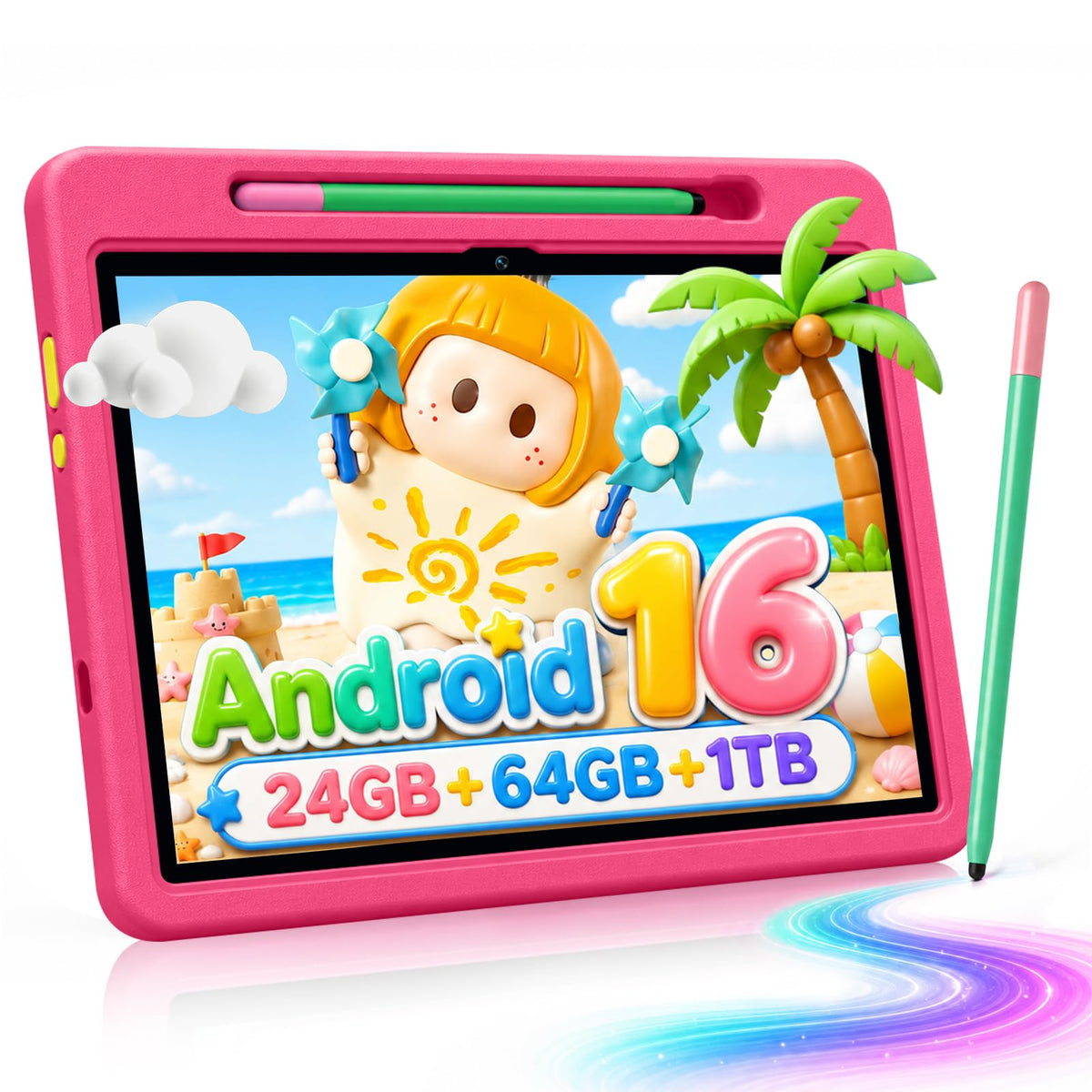 Android 16 Kids Tablet HD 10 Inch with Stylus & Case, 24GB RAM 64GB ROM 1TB