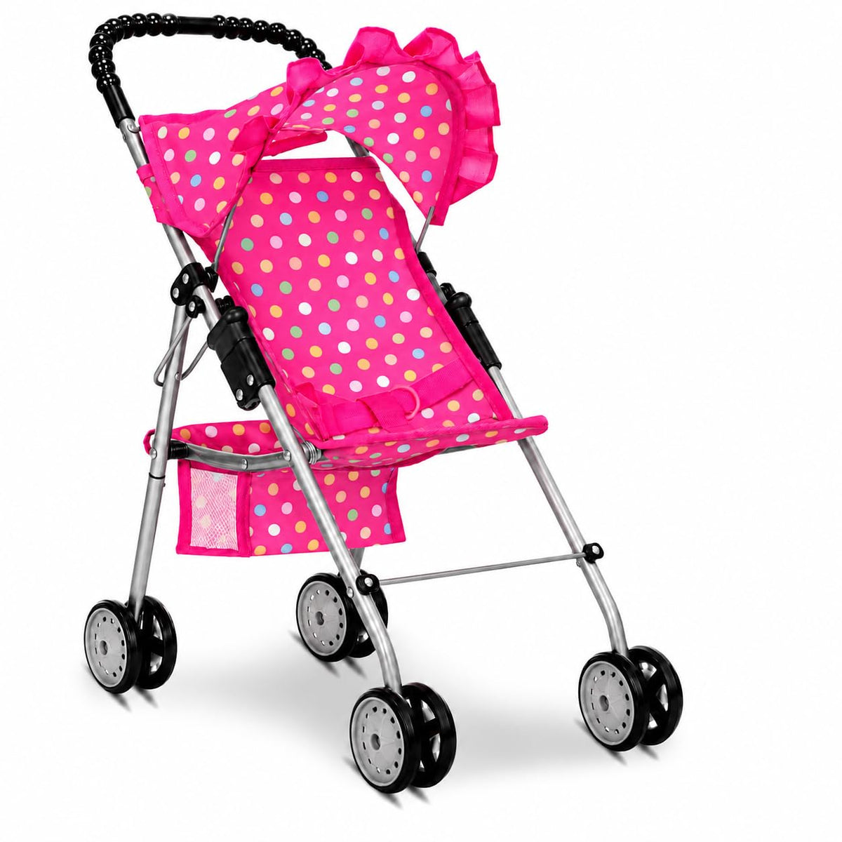 My First Baby Doll Stroller for Kids – Foldable Toy Stroller for 18 Inch Dolls with Storage Basket, Double Wheels & Canopy – Pretend Play Toy Stroller