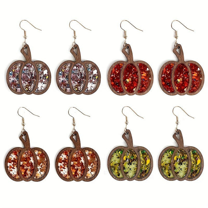 Halloween Wooden Glitter Pumpkin Earrings