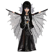 Monster High Skullector Elvira, Mistress of the Dark Doll | Elvira Collectible in Black Faux Leather Dress with Silvery Batwing Cape and Premium Accessories, Doll Stand