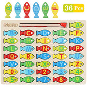 Magnetic Wooden Fishing Game Toy for Preschoolers, Alphabet Fish Catching Counting Games Puzzle with Numbers and Letters, Preschool Learning ABC and Math Educational Toys for 3 4 5 Years Old Kids