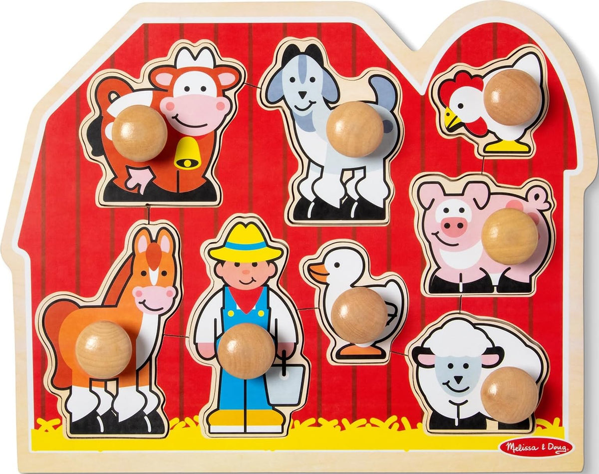 Melissa & Doug Farm Animals Jumbo Knob Wooden Peg Puzzle | 8 Jumbo Peg Pieces, Wooden Board, Farm Animal Matching, Shape Recognition, Montessori Inspired Toddler Toys for Kids, Ages 1+