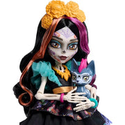 Monster High Skelita Calaveras Doll | Skeleton in Colorful Papel Picado Dress with Pet Dog Candelita & 7 Accessories like Sketch Book, Snack & Messenger Bag