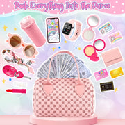 Oisacirg Play Purse with Watch, Phone, Pretend Play Toys for Girls Ages 3-8 | 32Pcs Role Play Set with Handbag, Water Bottle, Scarf, Pretend Makeup, Birthday Gifts, Mom-Daughter Bonding, Multi-Scene Play