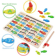 Magnetic Wooden Fishing Game Toy for Preschoolers, Alphabet Fish Catching Counting Games Puzzle with Numbers and Letters, Preschool Learning ABC and Math Educational Toys for 3 4 5 Years Old Kids