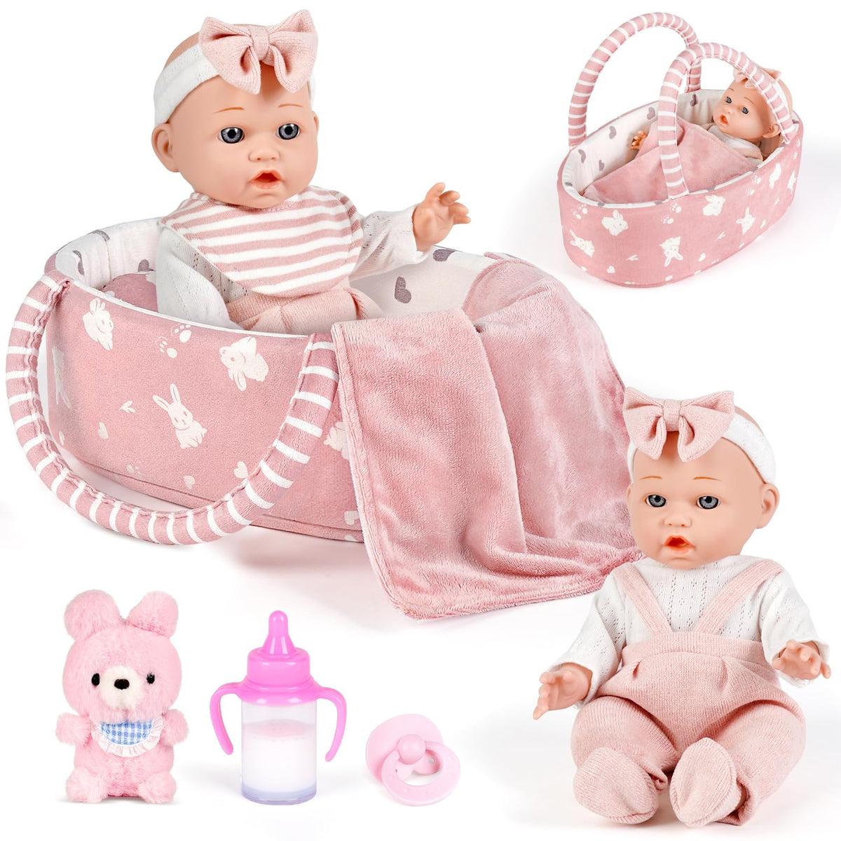 Dreamon Baby Doll Set 12" Baby Doll with Feeding & Caring Accessories, Pink | 11Pcs Doll Playsets with Carrier Bassinet Bed, Bedtime Pretend Play First Baby Doll Toy for 3 4 5 Year Old Girl Birthday Gift