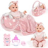 Dreamon Baby Doll Set 12" Baby Doll with Feeding & Caring Accessories, Pink | 11Pcs Doll Playsets with Carrier Bassinet Bed, Bedtime Pretend Play First Baby Doll Toy for 3 4 5 Year Old Girl Birthday Gift
