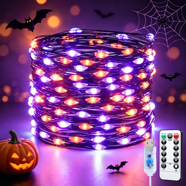 JMEXSUSS 100 LED Halloween Lights Indoor Fairy Lights Orange Purple USB | Remote Halloween String Lights for Tree Kitchen Room Car Party Halloween Decor, Halloween Accessories, 8 Modes Timer Plug in