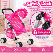 My First Baby Doll Stroller for Kids – Foldable Toy Stroller for 18 Inch Dolls with Storage Basket, Double Wheels & Canopy – Pretend Play Toy Stroller