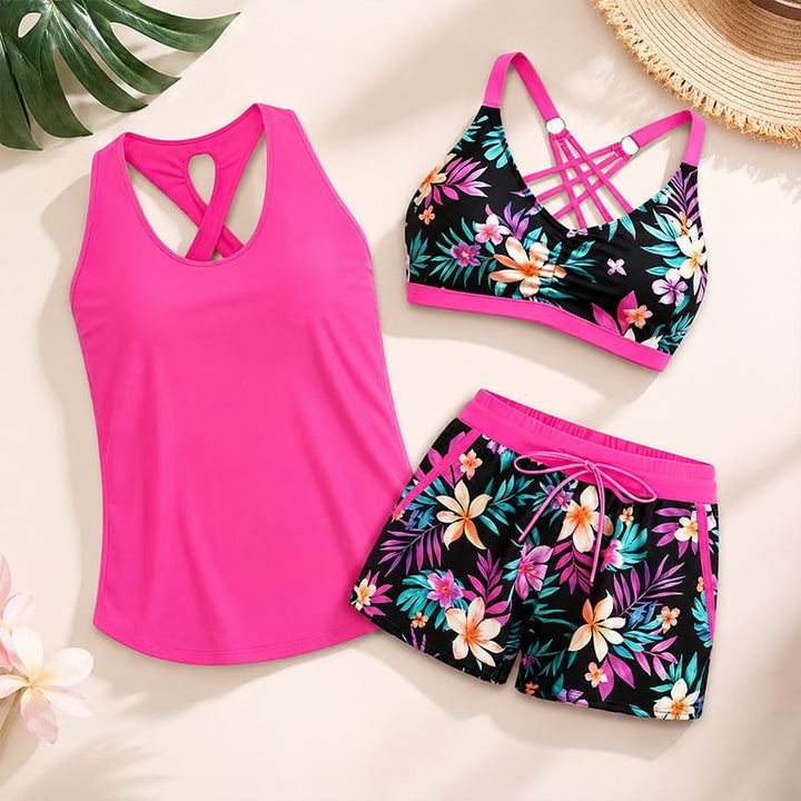 Crisscross Sleeveless Top + Drawstring Printed Pants For Cover-Up And Bikini