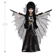 Monster High Skullector Elvira, Mistress of the Dark Doll | Elvira Collectible in Black Faux Leather Dress with Silvery Batwing Cape and Premium Accessories, Doll Stand