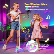 Stand Karaoke Machine for Kids, Christmas Singing Toys Gifts for 3 4 5 6 7 8 Year Old Girls Boys, Rechargeable Kid Microphone Bluetooth Speaker with 2 Mic for Girl Age 4-6 Toddler Birthday Party Toy