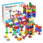 PicassoTiles 100 Piece Marble Run Magnetic Tiles Race Track STEM Ages 3+ | BPA-free ABS plastic, reinforced edges, curved slopes and U-turns, steel balls included, open-ended maze layouts, shared play