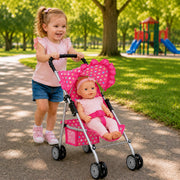 My First Baby Doll Stroller for Kids – Foldable Toy Stroller for 18 Inch Dolls with Storage Basket, Double Wheels & Canopy – Pretend Play Toy Stroller