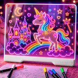 Geokay 16" Rechargeable LED Drawing Board with 9-Color Light Effects | Birthday & Christmas Gift Idea for Girls/Boys/Kids/Teens, Doodle Neon Glow Pad with Built-in Stand Tracing Book & 7 Markers