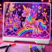 Geokay 16" Rechargeable LED Drawing Board with 9-Color Light Effects | Birthday & Christmas Gift Idea for Girls/Boys/Kids/Teens, Doodle Neon Glow Pad with Built-in Stand Tracing Book & 7 Markers