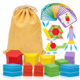 LovesTown 209 PCS Shapes Wooden Pattern Blocks for Kids | Geometric with Activity Cards, Storage Bag, Educational Tangram Puzzles, Great Learning Gift