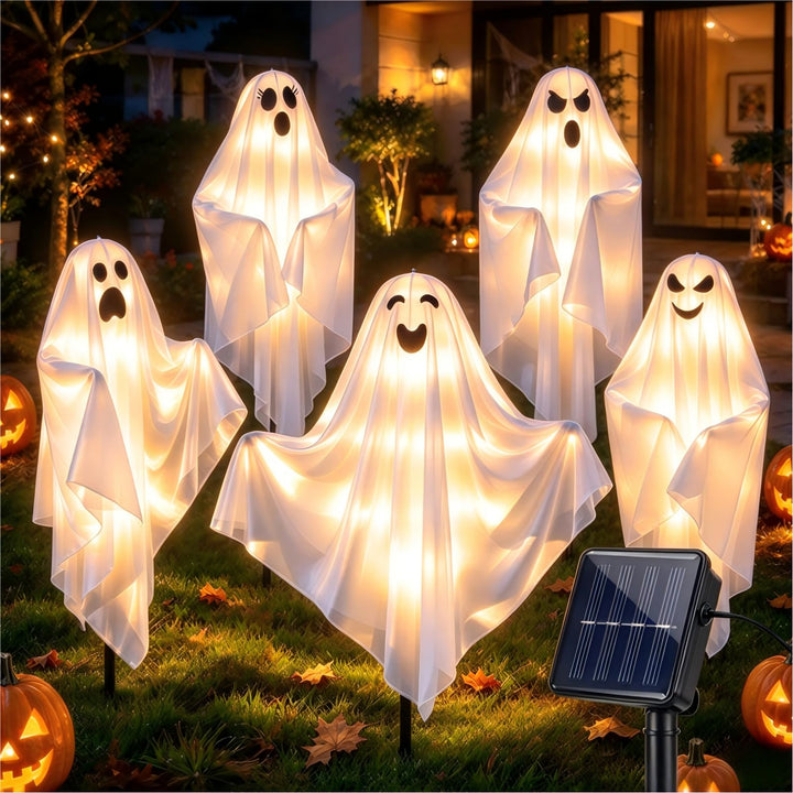 5 Pcs Halloween Decorations Outdoor - Solar Ghost Light for Yard Decor | 8 Light Modes, Hanging Ghosts with Ground Stakes, Adjustable Arm, Ideal for Yard Lawn Tree Porch, Halloween Decor