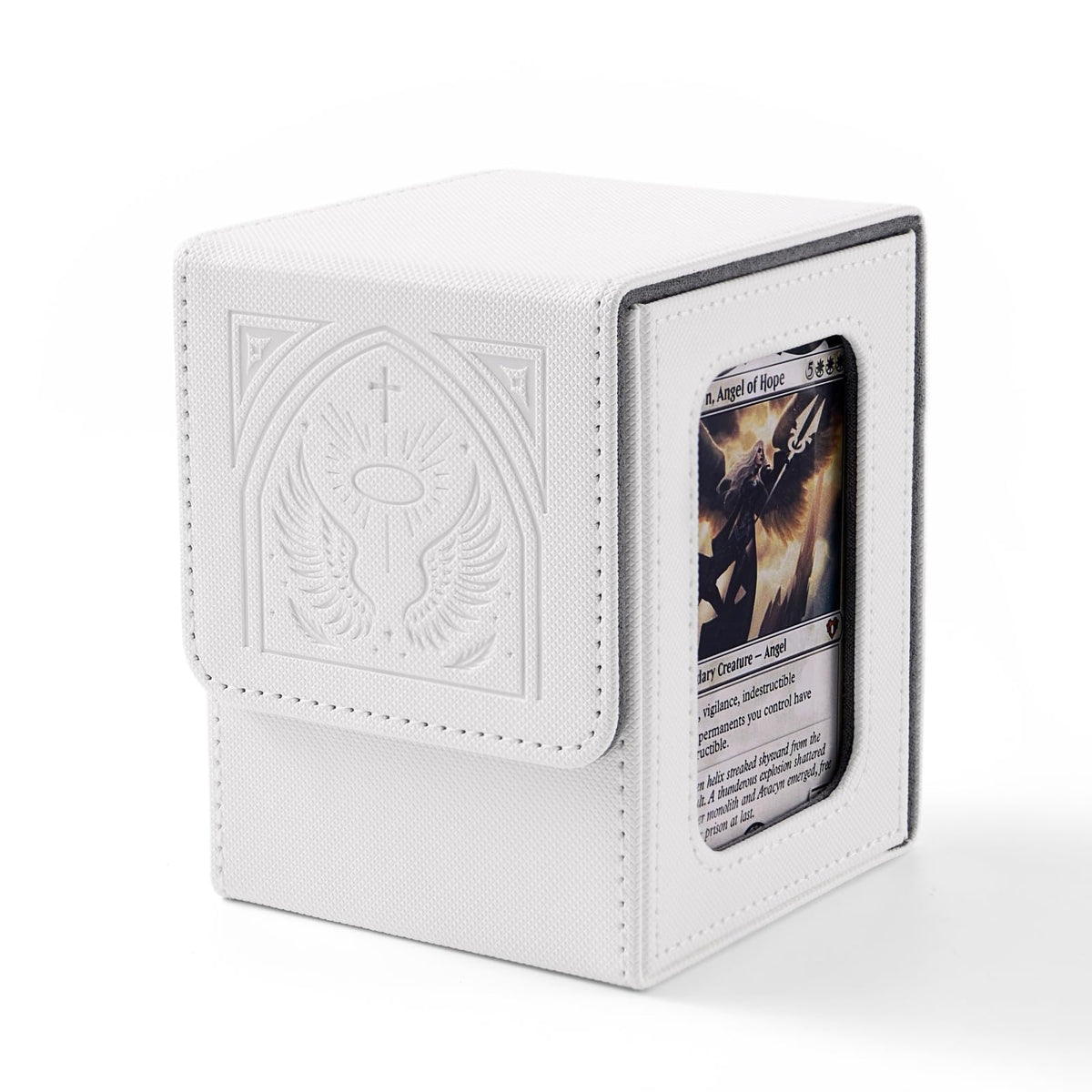 Venssu Angel Themed MTG Deck Box with Commander Display (White and Grey) | Holds 120 Single/100 Double-Sleeved Cards, Fit MTG/PTCG/OPTCG Cards, Strong Magnet, PU Leather, With 2 Dividers & 1 Toploader