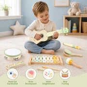 Kids Guitar Set - 8 in 1 Toddler Montessori Musical Instruments | Wooden Baby Ukulele Xylophone Tambourine Maracas Flute, Toy Guitar for Toddler, Mini Guitar Set Toddler Gifts for 2 year