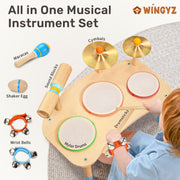 Wingyz Kids Drum Set, 11-in-1 Wooden Musical Instruments for Toddlers | Low-noise Montessori Music Toys with Drums, Cymbals, Maracas and Wrist Bells for Rhythm play,1st birthday gifts