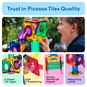 PicassoTiles 100 Piece Marble Run Magnetic Tiles Race Track STEM Ages 3+ | BPA-free ABS plastic, reinforced edges, curved slopes and U-turns, steel balls included, open-ended maze layouts, shared play