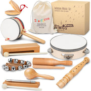 Stoie’s Wooden Musical Instruments for Kids Ages 3+, Montessori Music Toy Set for Kids with Drum, Tambourine, Maracas, Bells & Flute, Educational Preschool Toys for Boys & Girls