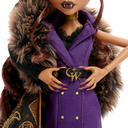 Monster High Doll, Clawdeen Wolf House of Wolf Collectible with Faux Fur Jacquard Coat, Purple Blazer Dress, Pantaboots and Golden Accessories