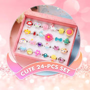 PinkSheep Little Girl Jewel Rings in Box,24 Lovely Girls Rings | Adjustable,No Duplication, Girl Pretend Play and Dress Up Rings,Birthday Christmas Gift