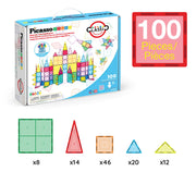PicassoTiles 100 Piece Magnetic Tiles, Clear 3D Building Blocks for Kids 3+ | No-limit scalable builds, hands-on magnet polarity fun, family group play, quick assemble & store, shape & color recognition