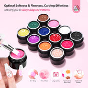 SAVILAND Non-Sticky 3D Sculpting Gel for Nail Art, 12 Colors Black White | No-Wipe, For Hand Carving 3D Art Design, Plant-Based Formula, Soak-Off, With Dual-End Sculpture Pen, Home and Salon Use