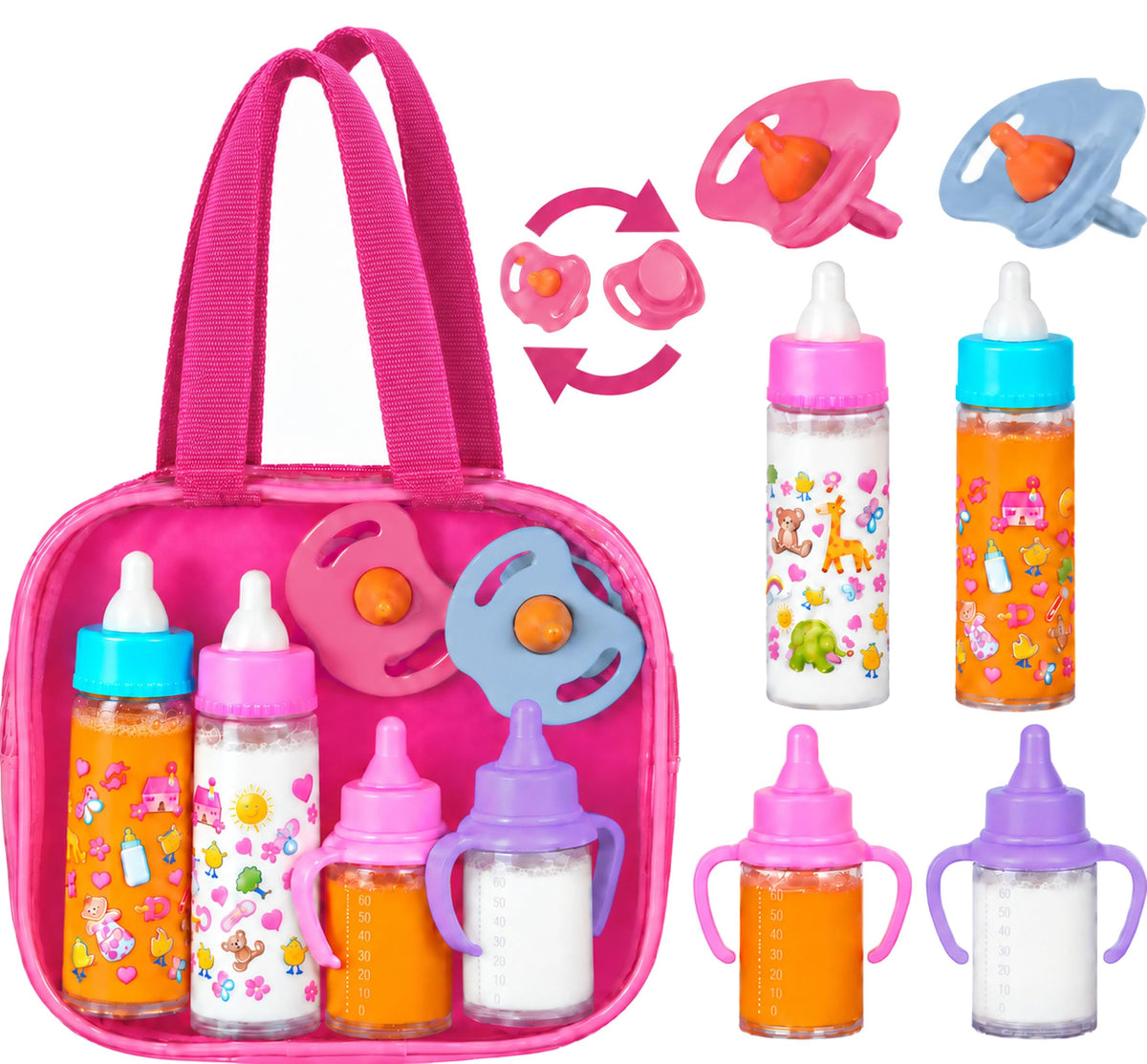 fash n kolor® My Sweet Baby Disappearing Doll Feeding Set, Baby Care 6 Piece Doll Feeding Set - for Toy Stroller | 2 Milk & Juice Bottles with 2 Toy Pacifier for Baby Dolls Set - Kids Gift Set