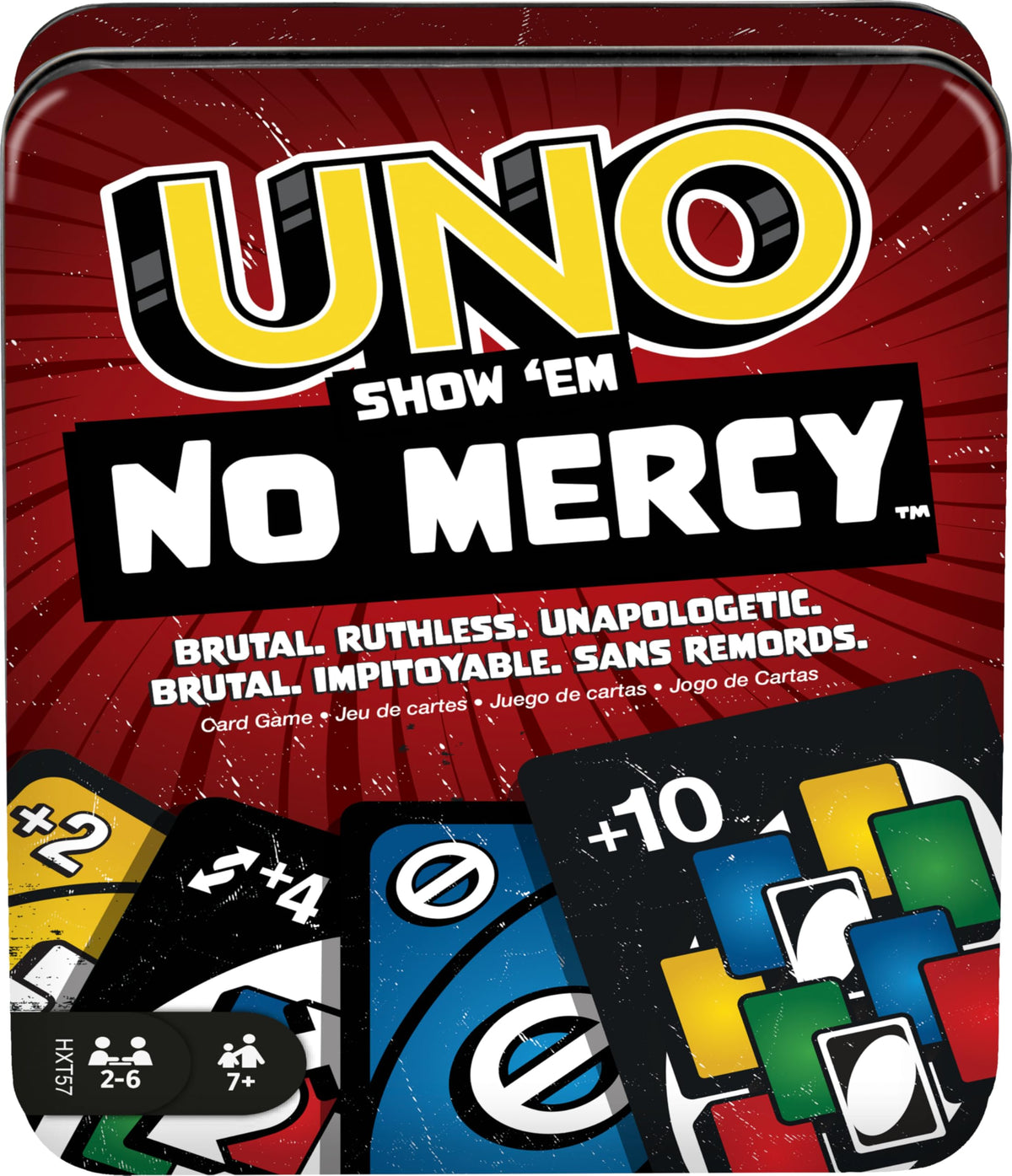 Mattel Games UNO Show ‘em No Mercy Card Game in Storage Tin,Ages 7+ | Extra Cards, Special Rules & Tougher Penalties for Kids, Teens & Family Game Night, 2-6 Players (Amazon Exclusive)