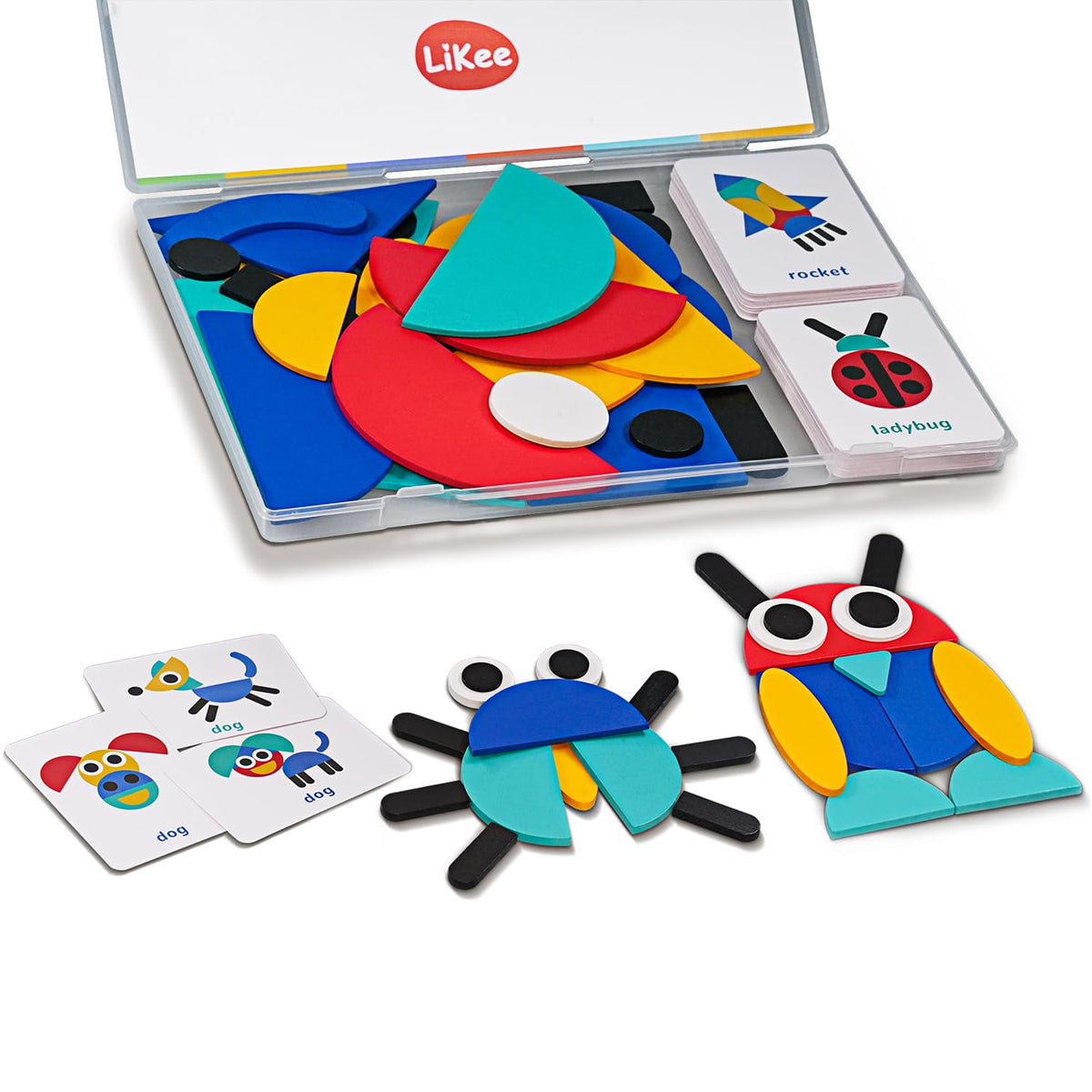 LiKee Wooden Shape Puzzle, 36 Blocks & 60 Cards, Montessori Toy for Kids 3+ | open-end