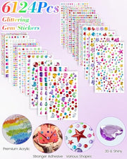 6124Pcs Gem Stickers-Self-Adhesive Face Jewelry Stickers, Acrylic Gems DIY Crafts, Sparkling Heart-Shaped Rhinestone for Kids, for Party & Holiday Supplies