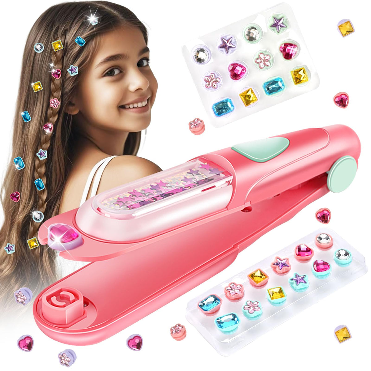 kidzkube Hair Gem Stamper Kit, Birthday Toys for Girls Ages 3-12 | Bling Hair Jewels for Girls Toys, Hair Styling Tool with Reusable Diamonds,Stocking Stuffers