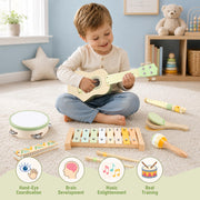 Kids Guitar Set - 8 in 1 Toddler Montessori Musical Instruments | Wooden Baby Ukulele Xylophone Tambourine Maracas Flute, Toy Guitar for Toddler, Mini Guitar Set Toddler Gifts for 2 year