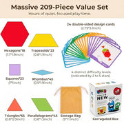LovesTown 209 PCS Shapes Wooden Pattern Blocks for Kids | Geometric with Activity Cards, Storage Bag, Educational Tangram Puzzles, Great Learning Gift