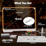 Geokay 16" Rechargeable LED Drawing Board with 9-Color Light Effects | Birthday & Christmas Gift Idea for Girls/Boys/Kids/Teens, Doodle Neon Glow Pad with Built-in Stand Tracing Book & 7 Markers