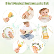 Kids Guitar Set - 8 in 1 Toddler Montessori Musical Instruments | Wooden Baby Ukulele Xylophone Tambourine Maracas Flute, Toy Guitar for Toddler, Mini Guitar Set Toddler Gifts for 2 year