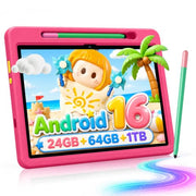 Android 16 Kids Tablet HD 10 Inch with Stylus & Case, 24GB RAM 64GB ROM 1TB