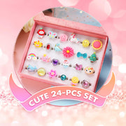 PinkSheep Little Girl Jewel Rings in Box,24 Lovely Girls Rings | Adjustable,No Duplication, Girl Pretend Play and Dress Up Rings,Birthday Christmas Gift