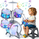 LinseyFun Upgraded Kids Drum Set for Toddlers 3-5, Light-up Jazz Drum Toy | Upgraded Kids Drum Set for Toddlers 3-5, Jazz Ages 4-6, Star Light up Musical Instrument Toy for Boys Girls 5-7 (All Plastic)