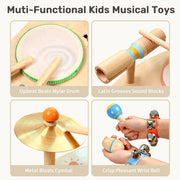 Wingyz Kids Drum Set, 11-in-1 Wooden Musical Instruments for Toddlers | Low-noise Montessori Music Toys with Drums, Cymbals, Maracas and Wrist Bells for Rhythm play,1st birthday gifts
